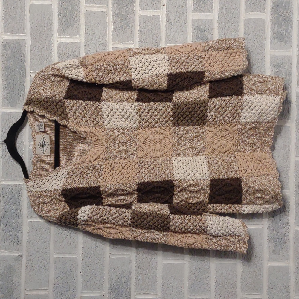 Vintage B. Moss Women's Tan Brown Patchwork Textured Cable Knit Sweater Large